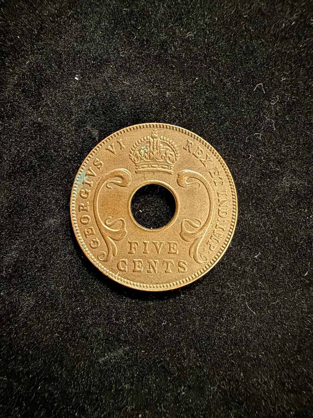 1941 East Africa Five Cents Copper Coin with Hole