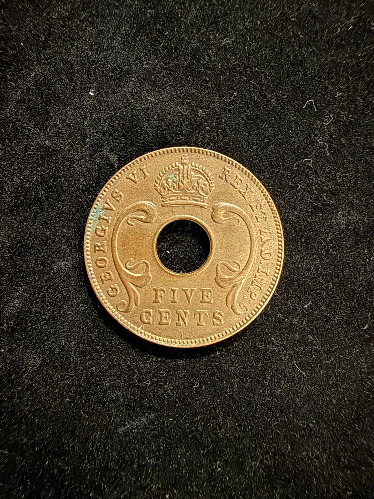 1941 East Africa Five Cents Copper Coin with Hole