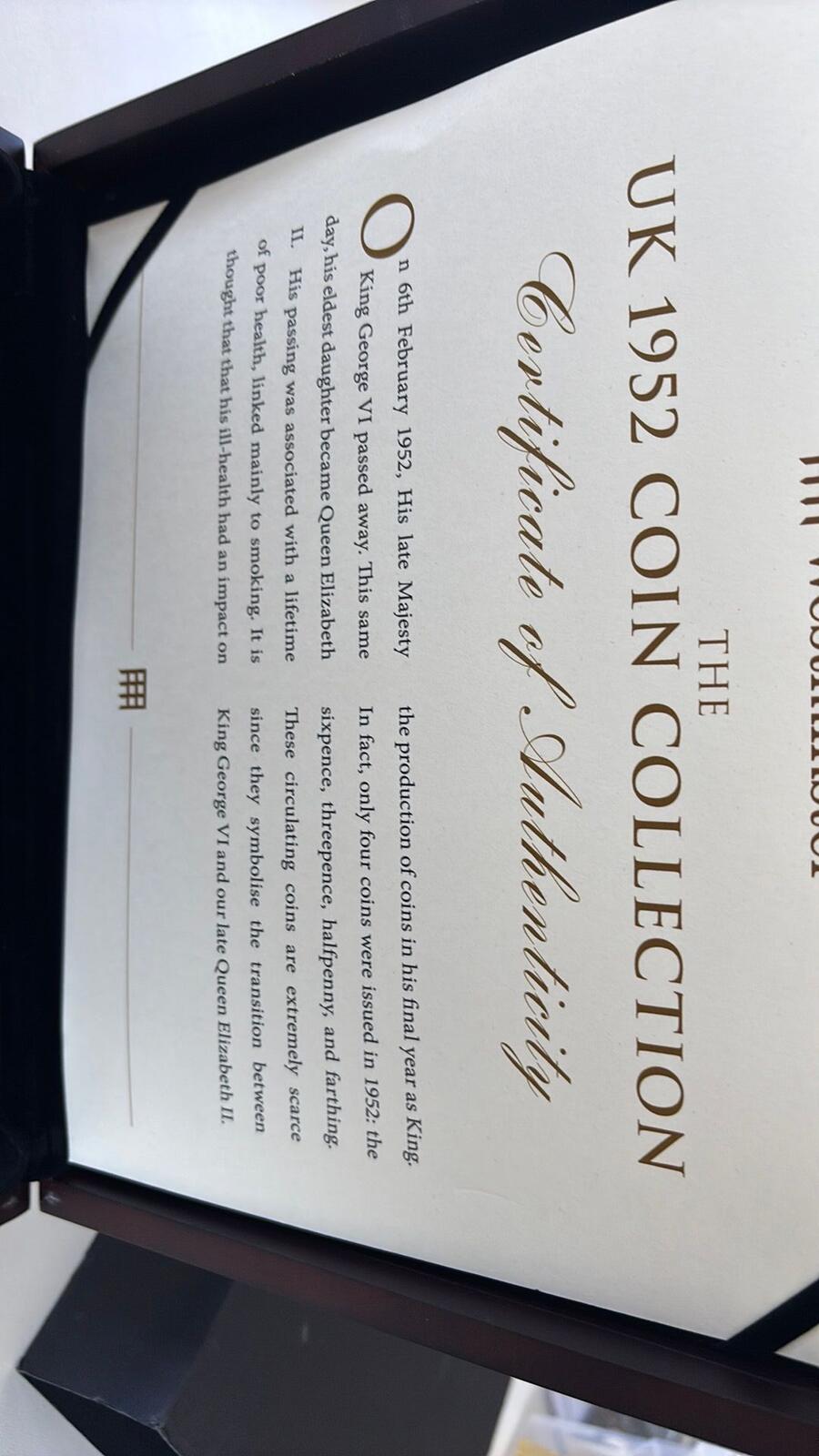 Westminster UK 1952 Coin Collection Certificate of Authenticity