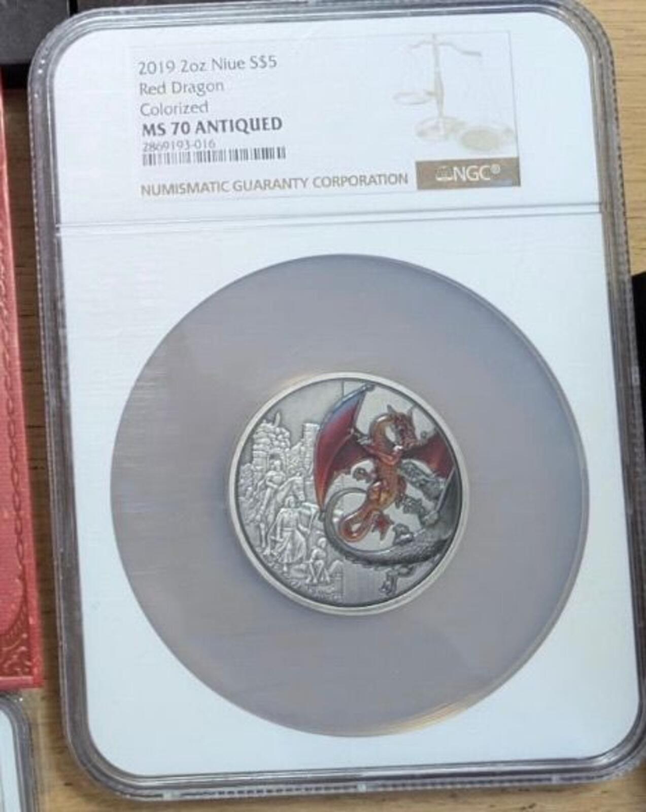 RARE - 2019 New Zealand 2oz Silver Red Dragon Coin MS 70 Antiq'd NGC