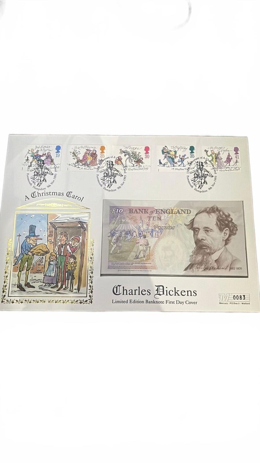 Charles Dickens Limited Edition Banknote First Day Cover & Christmas Stamps