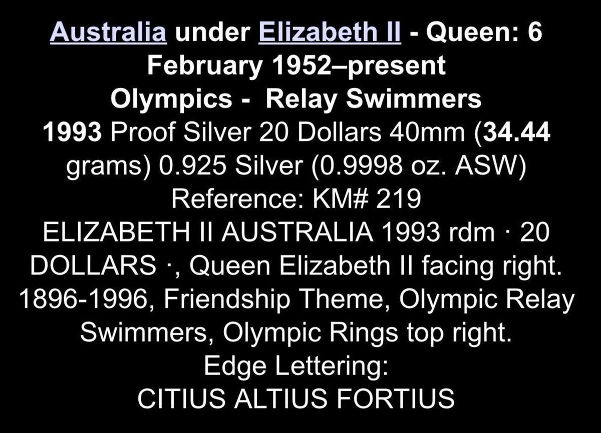 1993 Australian Proof Silver 20 Dollar Olympic Relay Swimmers Coin