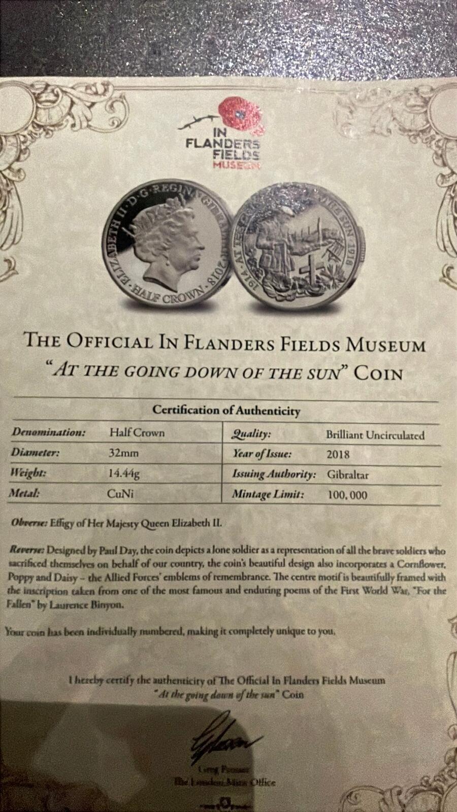 The Official In Flanders Fields Museum At The Going Down of the Sun Coin 2018