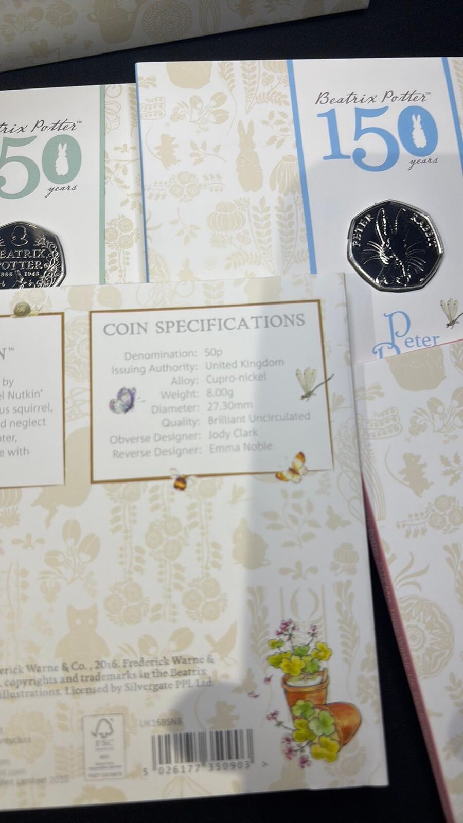 2016 Beatrix Potter 150th Anniversary 5 x 50p Coin Collection Set