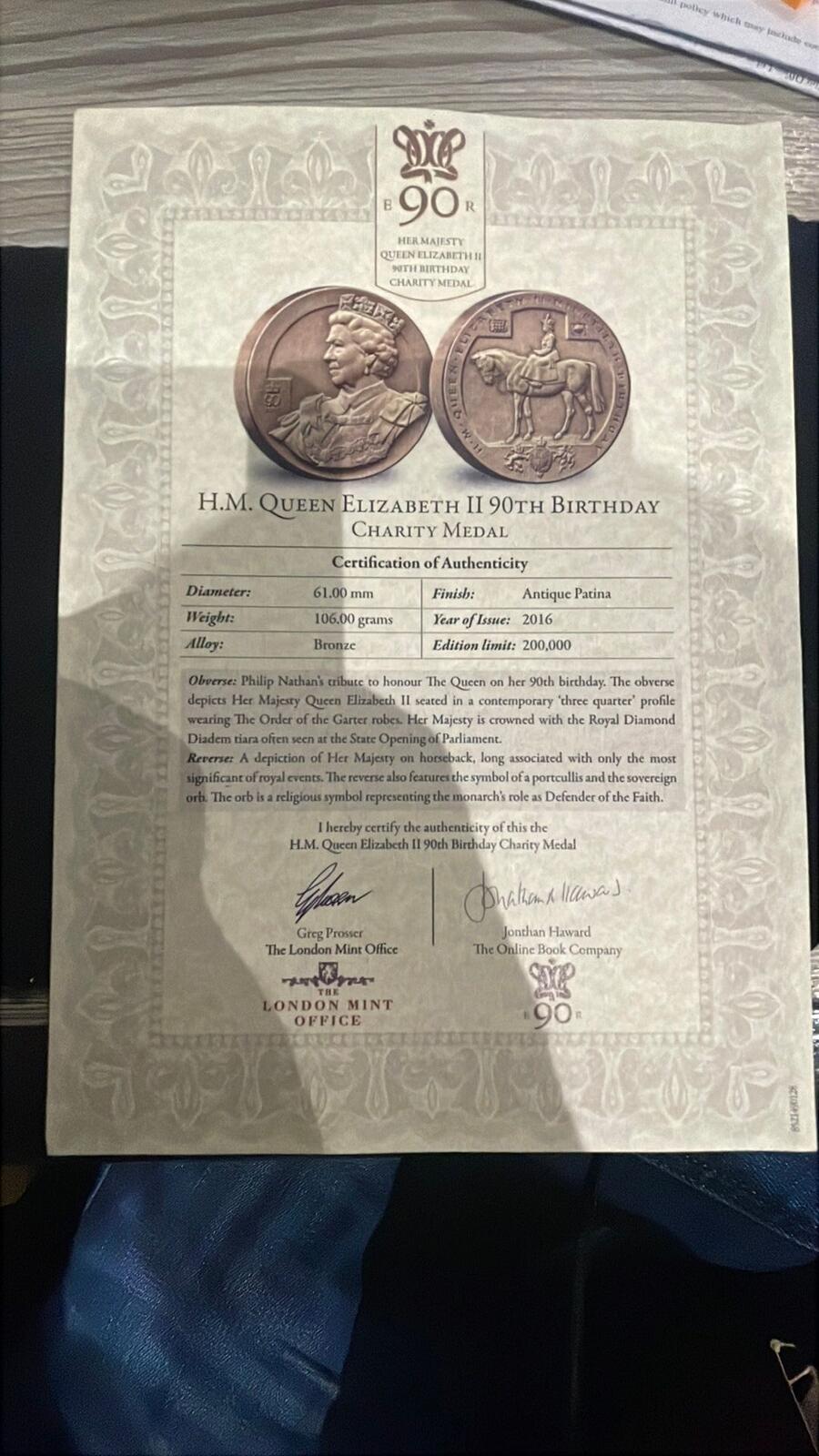 H.M. Queen Elizabeth II 90th Birthday Charity Medal Bronze 2016