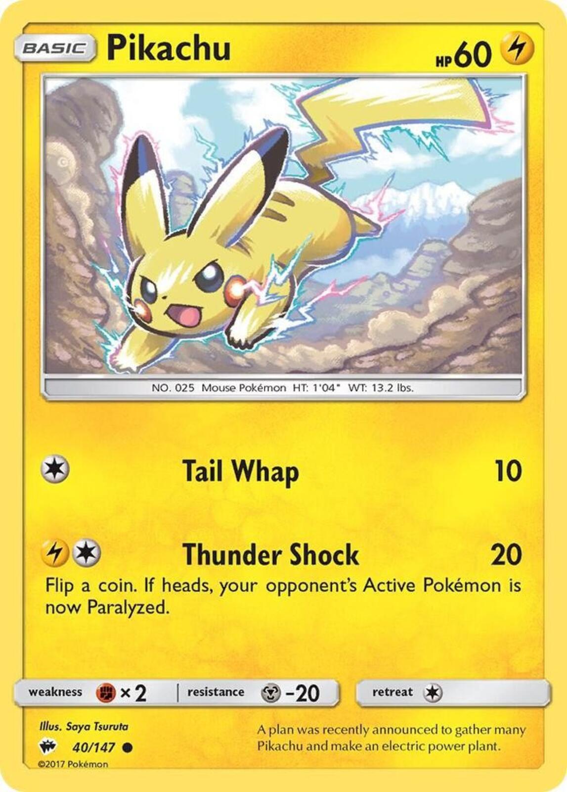 Pikachu Common SM - Burning Shadows 40/147- MINT CONDITION