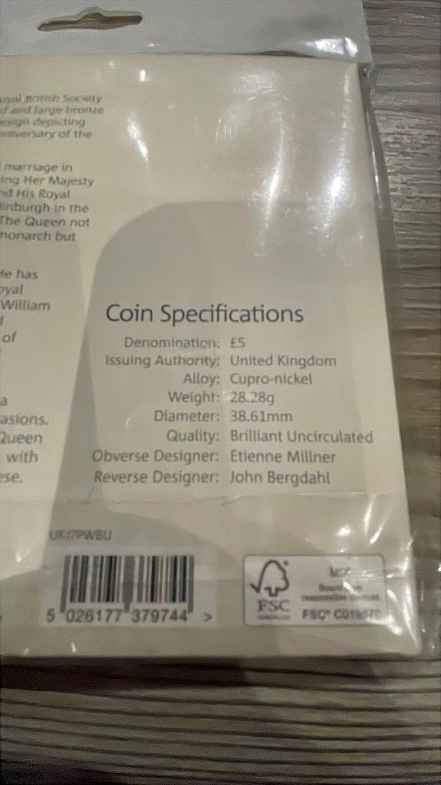 The Royal Mint 2017 UK Platinum Wedding Anniversary £5 Proof Coin