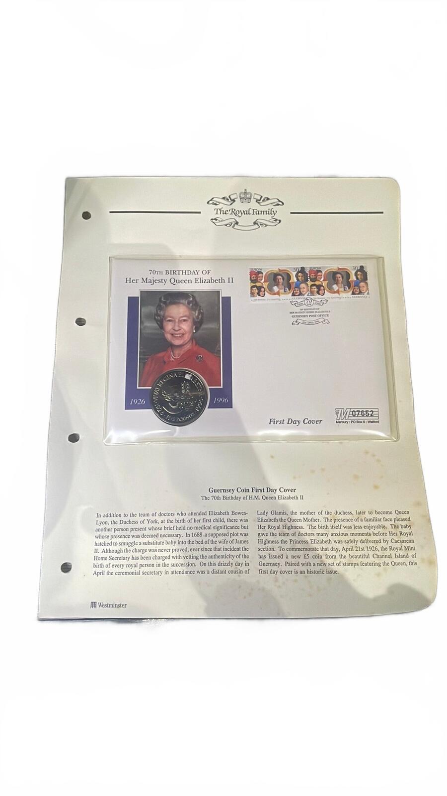 Guernsey 1996 Silver Coin and First Day Cover - Queen Elizabeth II 70th Birthday
