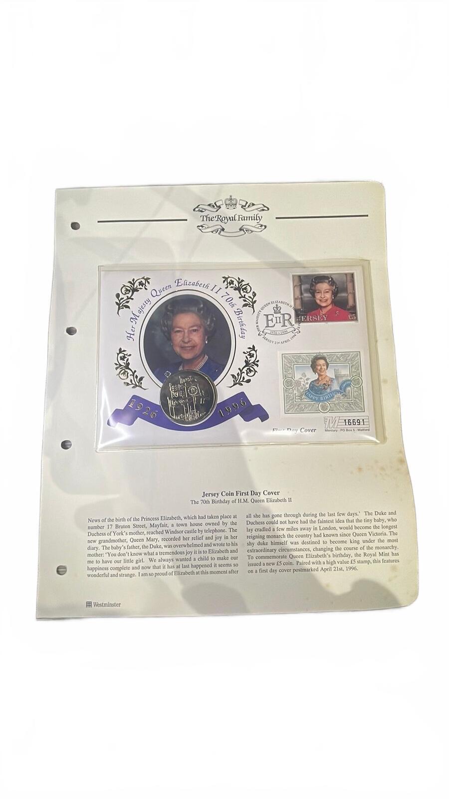 Jersey Coin First Day Cover 1996 Queen Elizabeth II 70th Birthday
