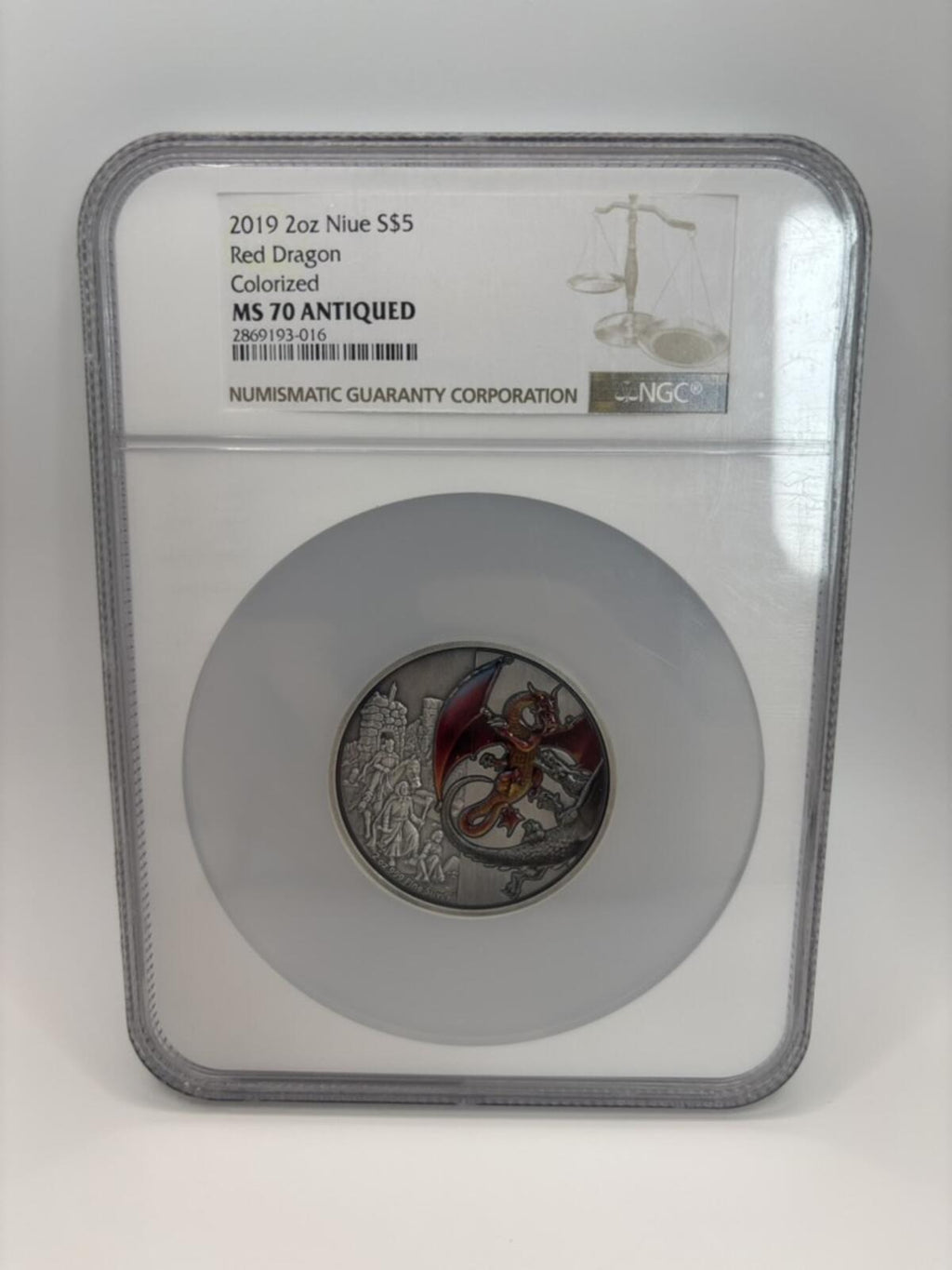 RARE - 2019 New Zealand 2oz Silver Red Dragon Coin MS 70 Antiq'd NGC