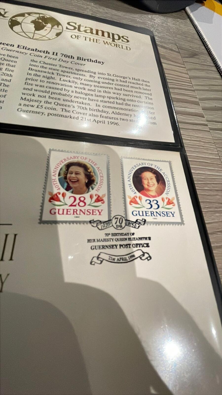 Queen Elizabeth II 70th Birthday Commemorative Cover Guernsey Stamps and £5 coin
