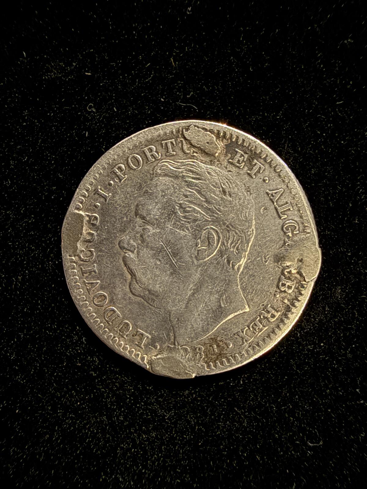 Portuguese Coin with Coat of Arms and Portrait, Circulated Silver Tone