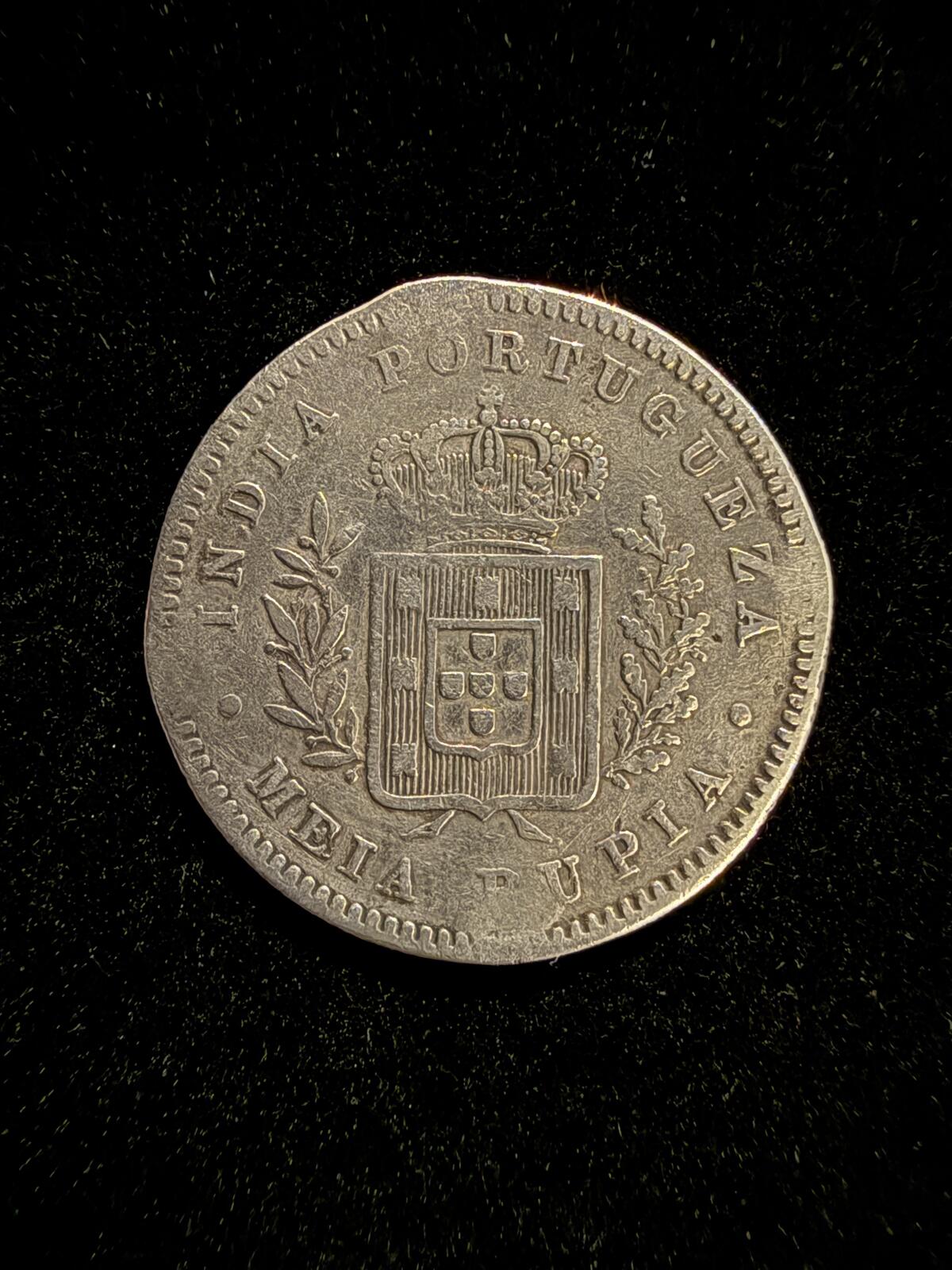 Portuguese Coin with Coat of Arms and Portrait, Circulated Silver Tone