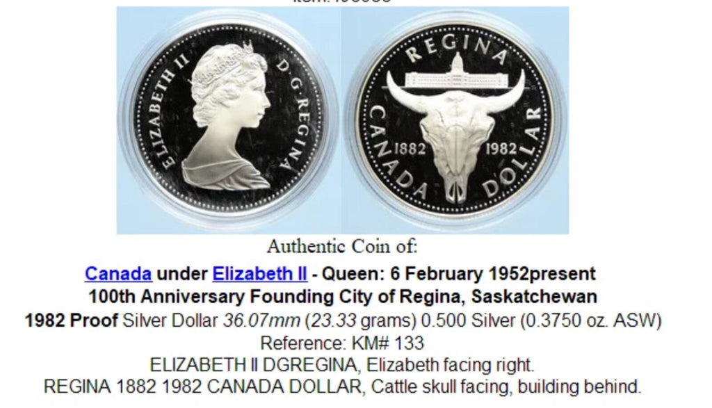 1982 Canada Regina Saskatchewan Proof 50% Silver Dollar Elizabeth II Commemor