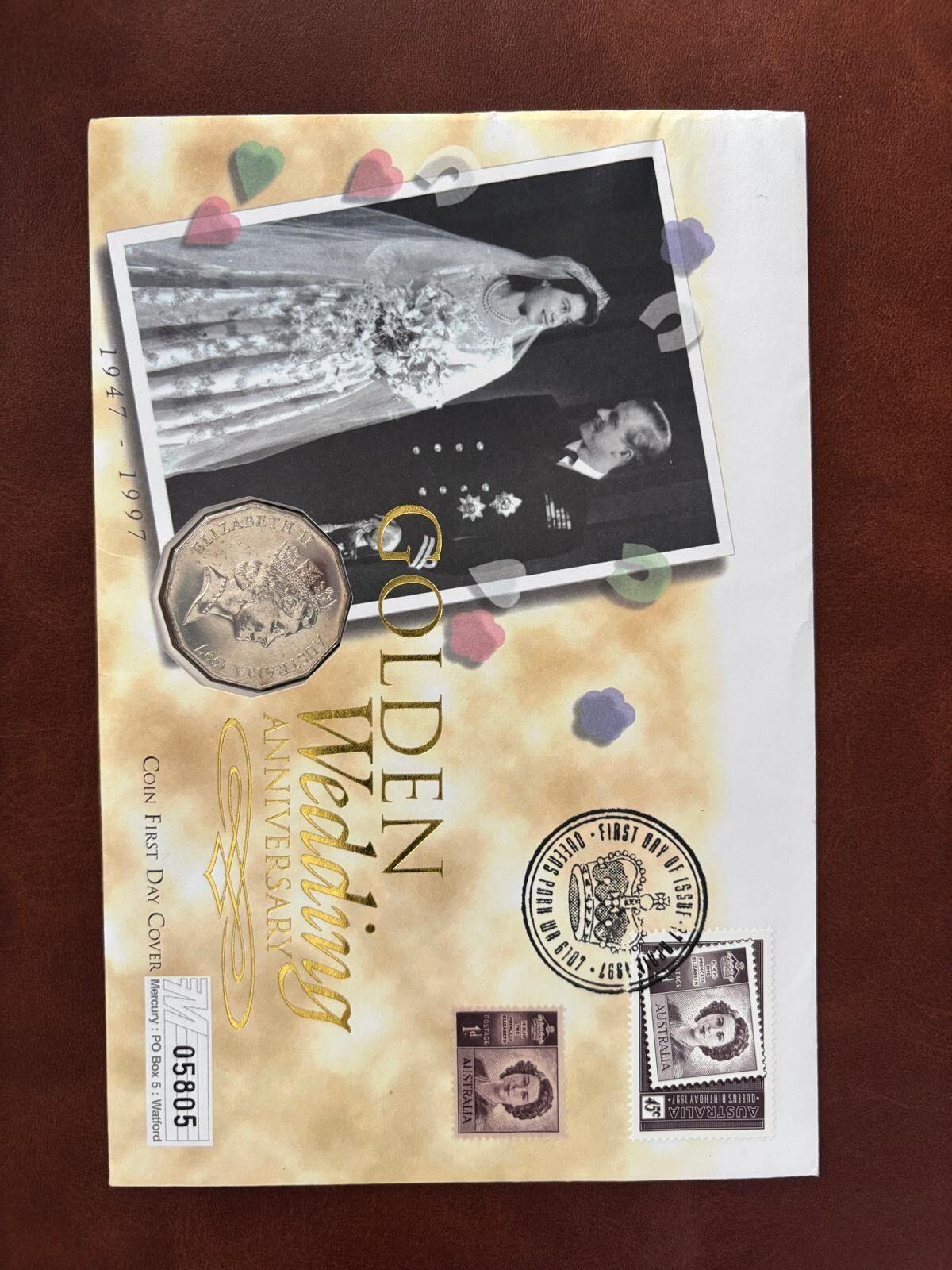 1997 Australian Golden Wedding Anniversary Proof Coin First Day Cover