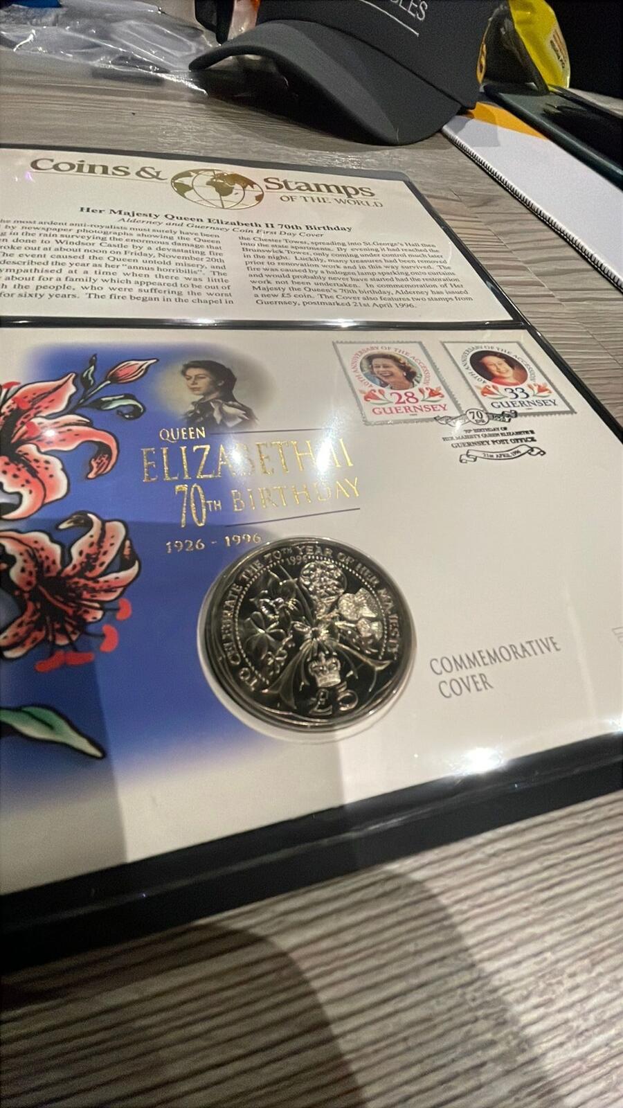 Queen Elizabeth II 70th Birthday Commemorative Cover Guernsey Stamps and £5 coin