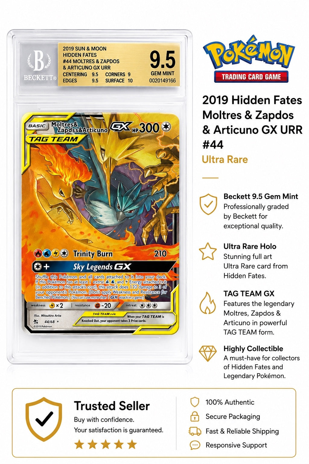 2019 Hidden Fates Moltres & Zapdos & Articuno GX Ultra Rare #44 Beckett 9.5 Gem