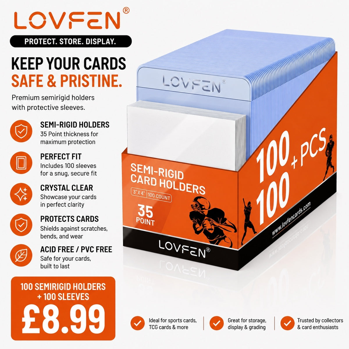 LOVFEN Semi-Rigid Card Holders with Protective Sleeves 100+100 Pack