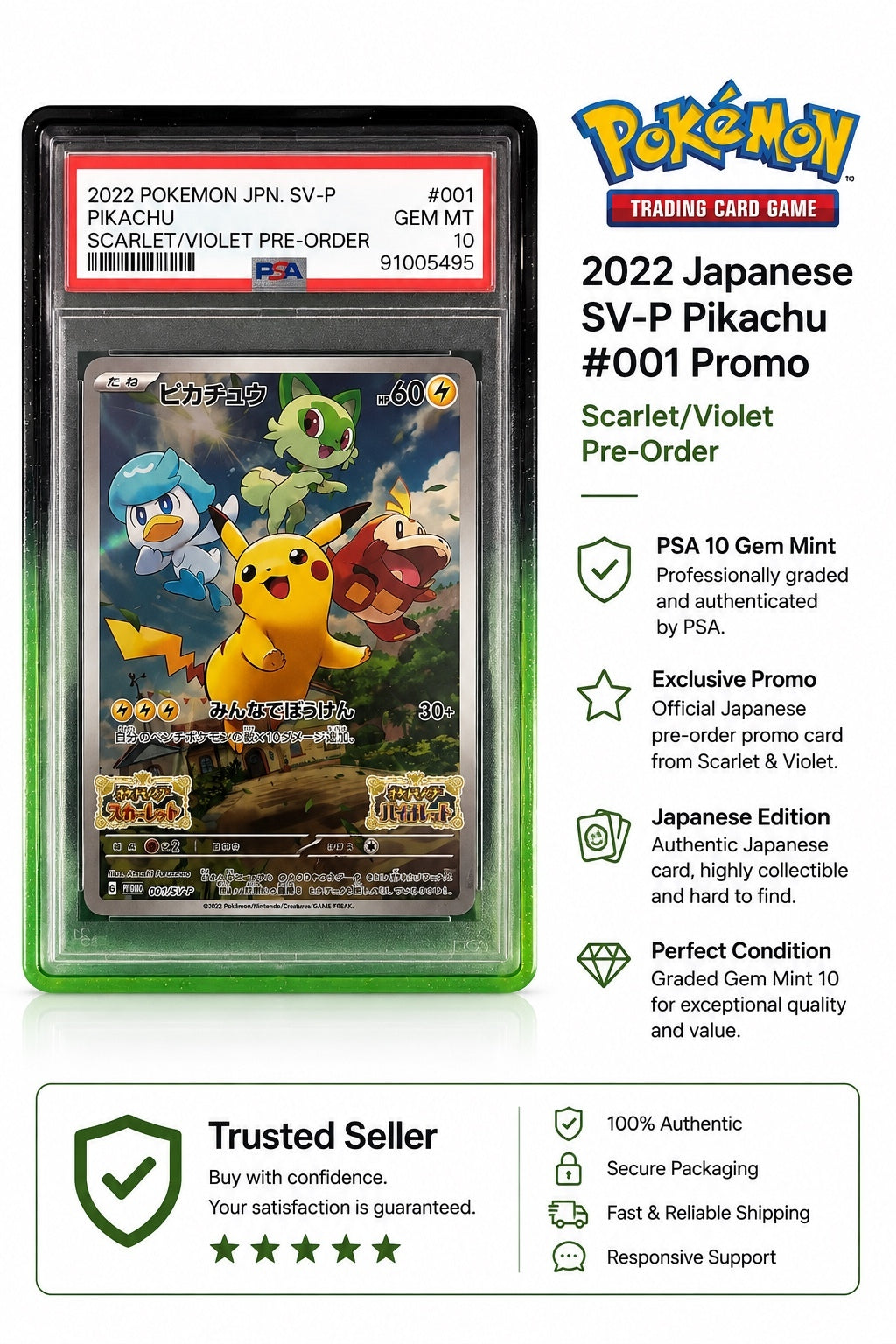 2022 Japanese SV-P Promo Pikachu #001 Scarlet/Violet Pre-Order PSA 10 Gem Mint with Matching Slab Guard