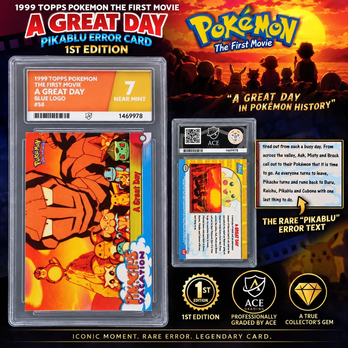 1st Ed Rate Error Card 1999 Topps Pokémon The First Movie A Great Day #58