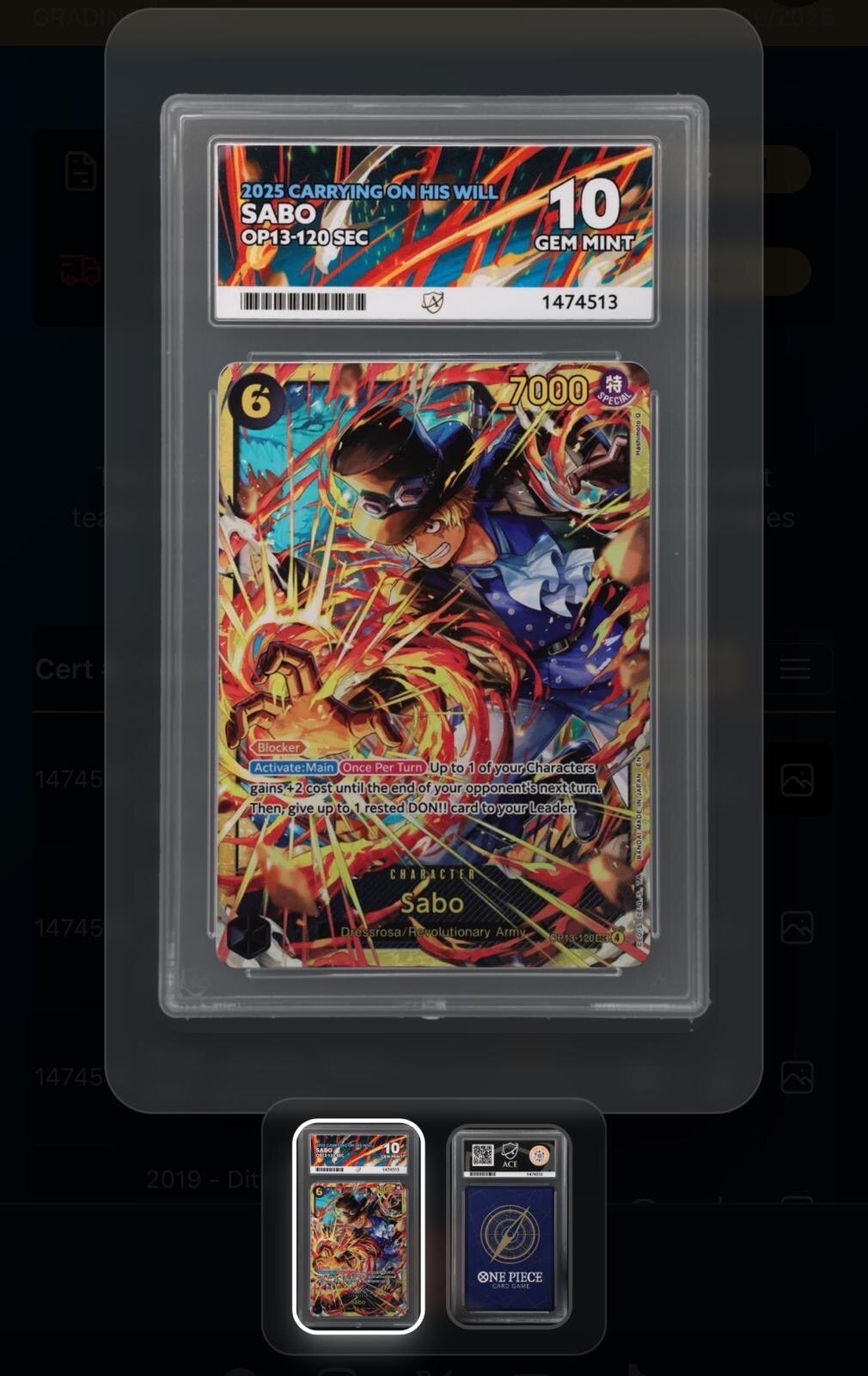 One Piece Sabo OP13-120 SEC Carrying on His Will - ACE GEM MINT 10 Graded