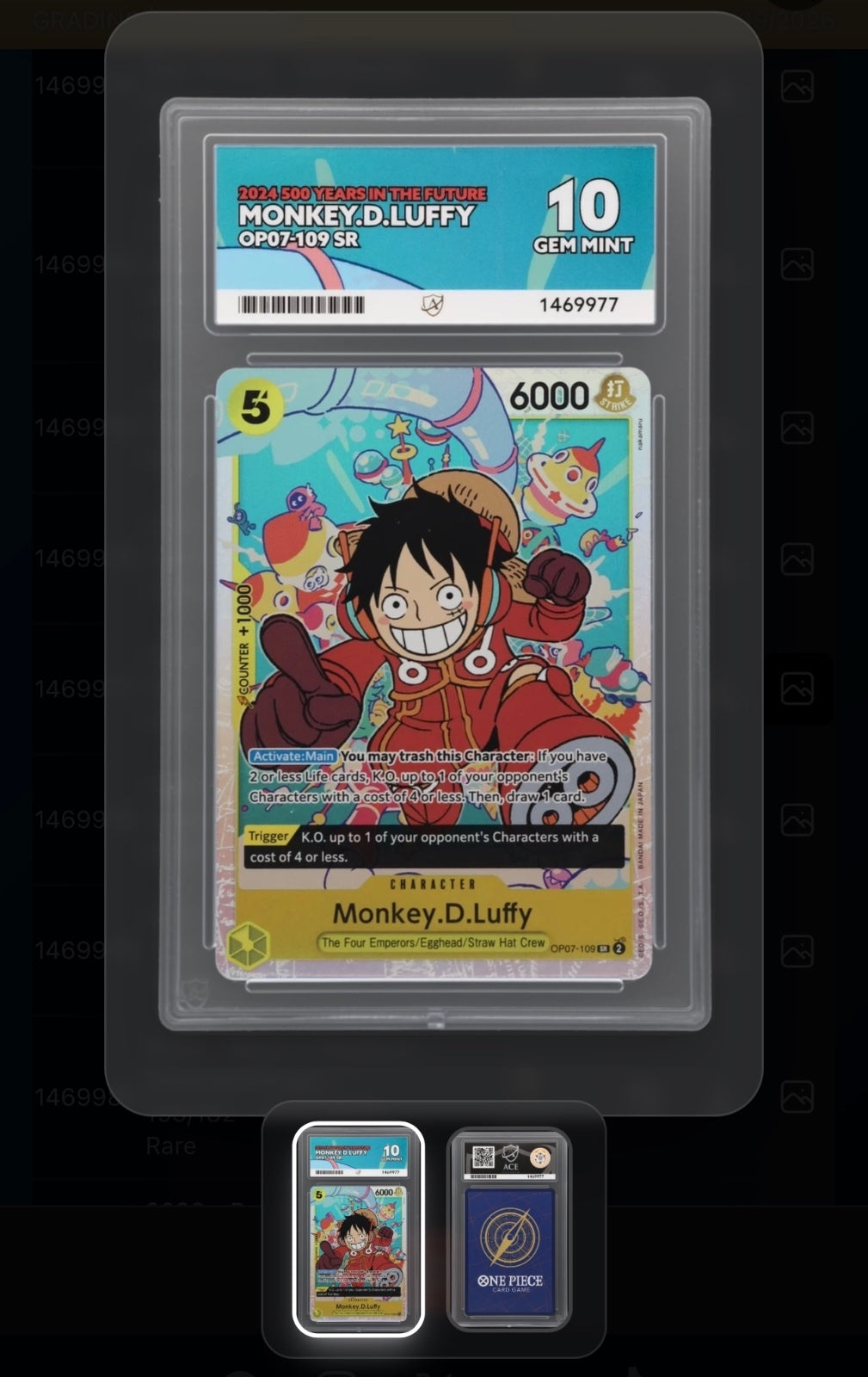 One Piece Monkey D. Luffy OP07-109 SR Trading Card Gem Mint 10