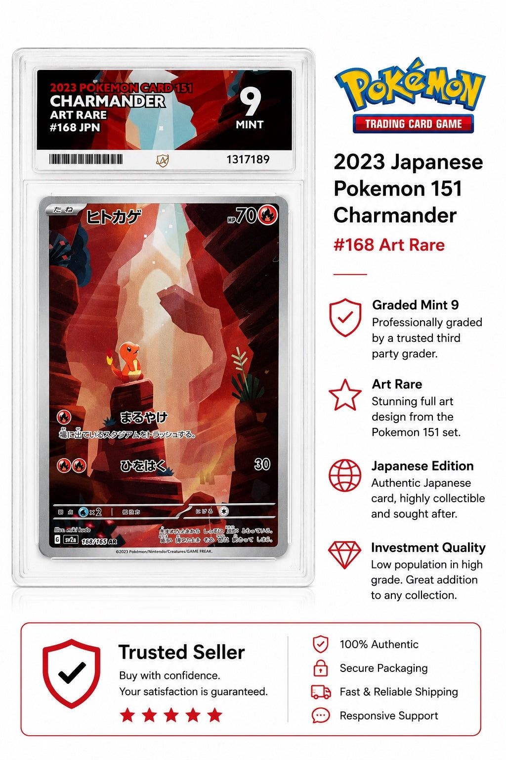 2023 Japanese Pokemon 151 Charmander #168 Art Rare Graded Mint 9 Card