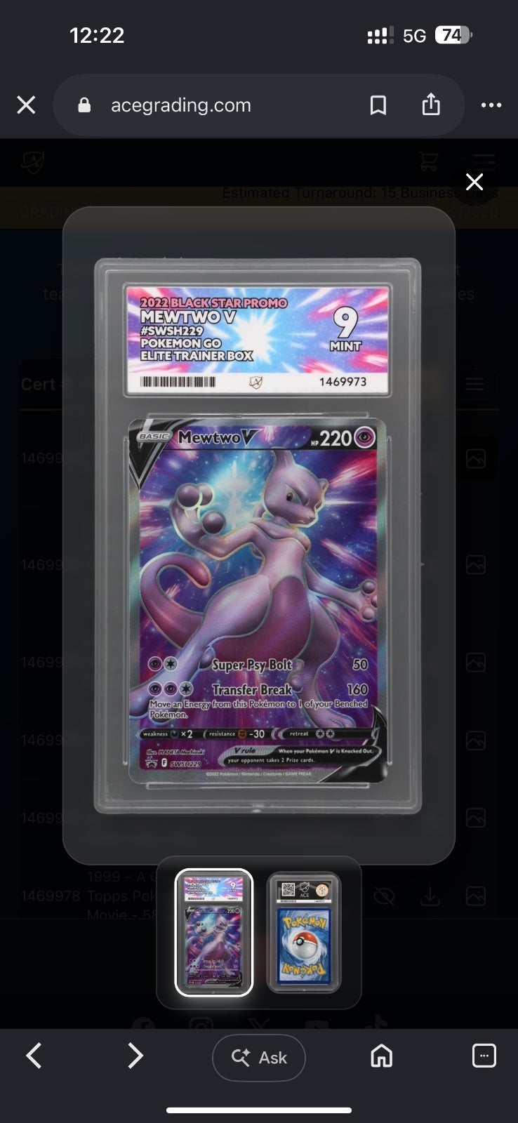 2021 Pokémon TCG Mewtwo V Full Art Promo PSA 9 Mint Trading Card