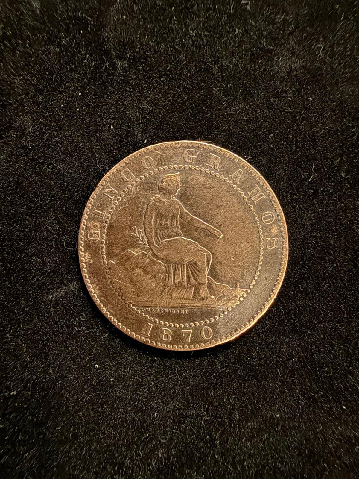 1870 Spanish 5 Centimos Copper Coin