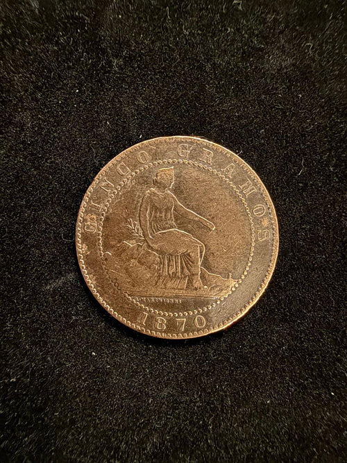 1870 Spanish 5 Centimos Copper Coin