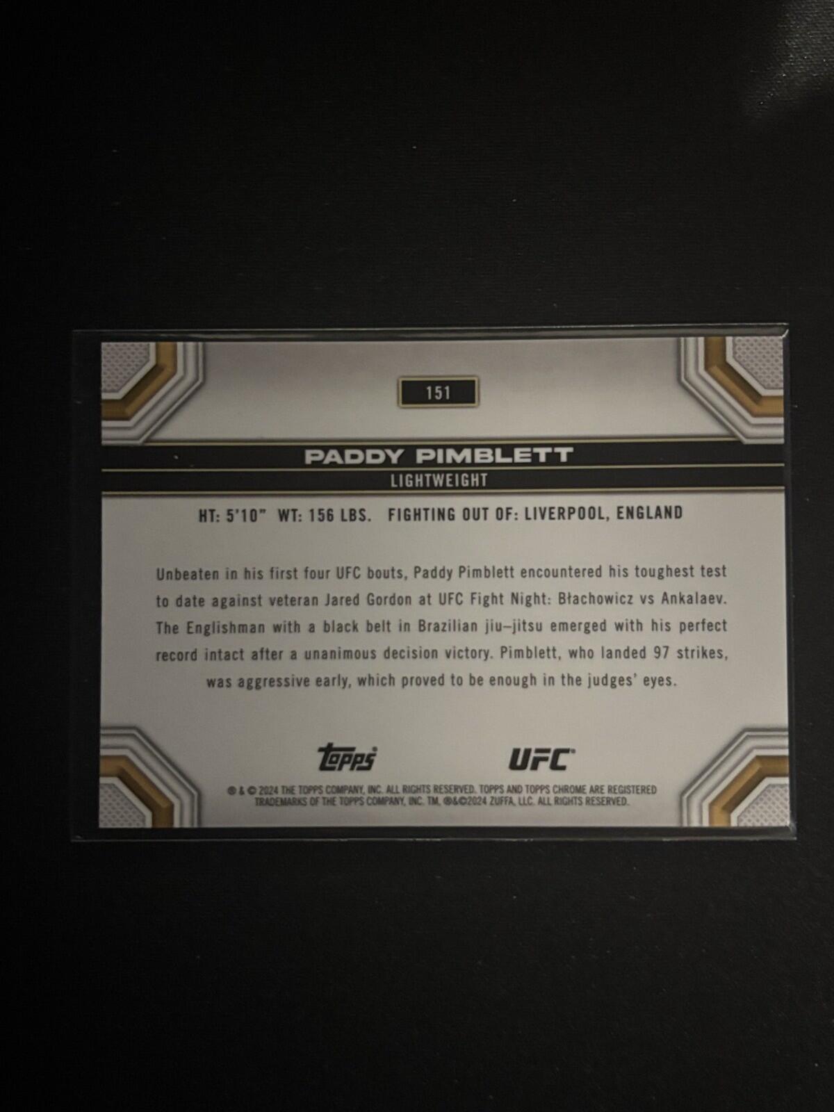 Paddy Pimblett Aqua Refractor Topps Chrome UFC - Aqua Refractor 151 NM - 192/199