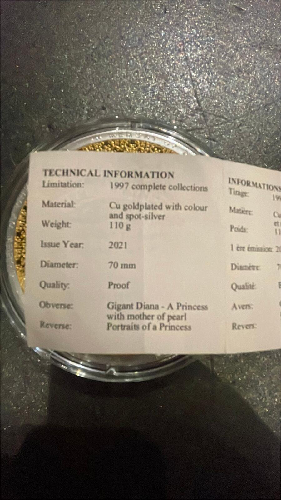 Princess Diana Copper Proof Coin 2021 - 110g Gold Plated