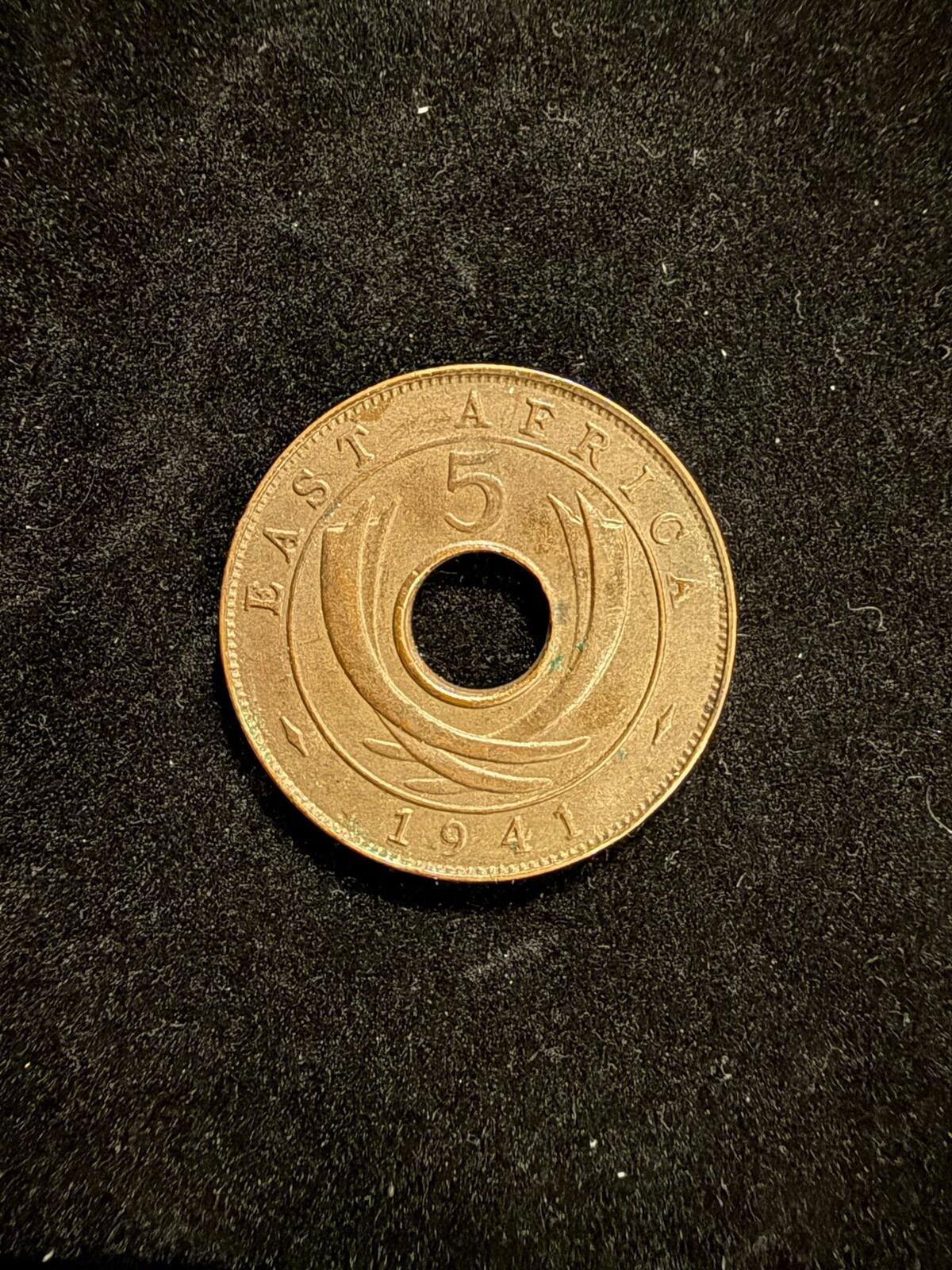 1941 East Africa Five Cents Copper Coin with Hole