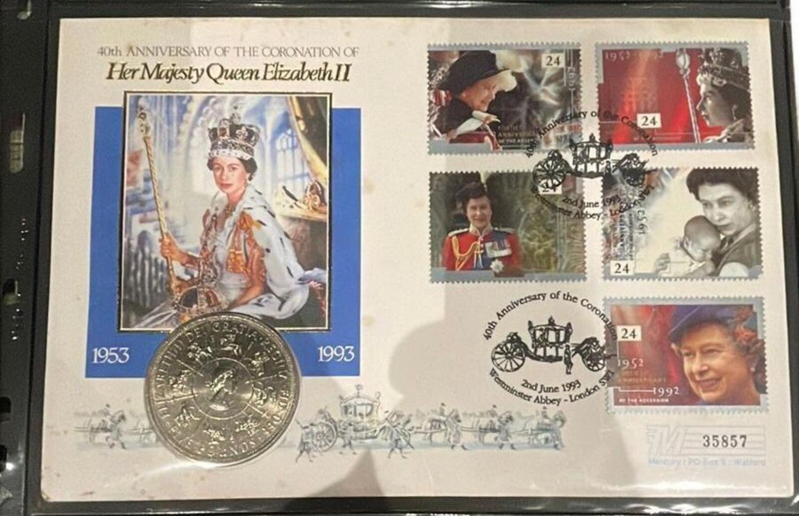 Royal Mint 1993 five Pound Coin Stamp Set - 40th Queen Elizabeth II's Coronation