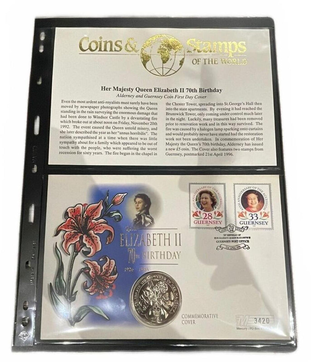 Queen Elizabeth II 70th Birthday Commemorative Cover Guernsey Stamps and £5 coin
