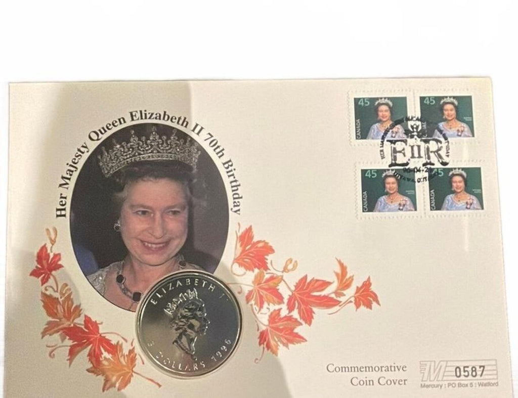 Commemorative 1996 Royal Canadian Silver Maple 5 Dollar Coin Cover ft. QE II