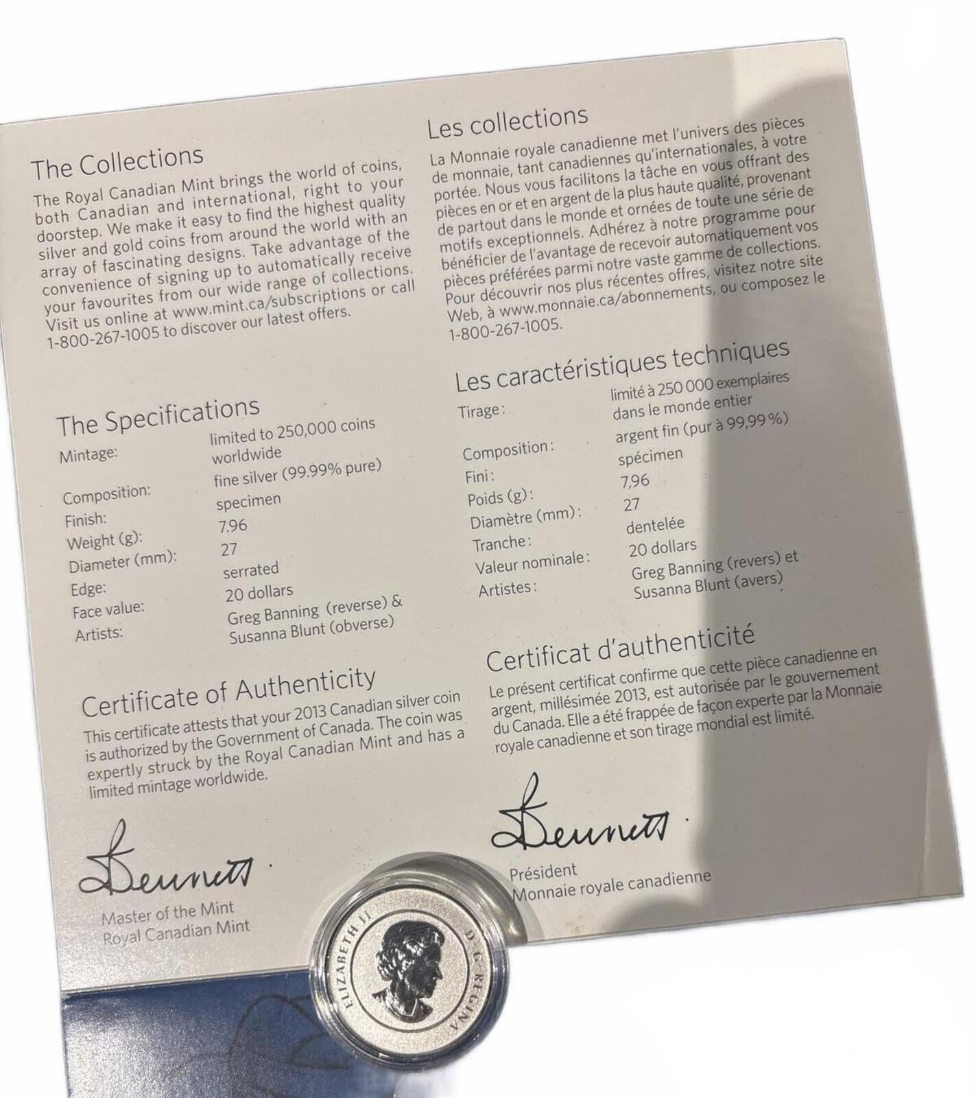 2013 Canadian $20 Fine Silver Hockey Coin