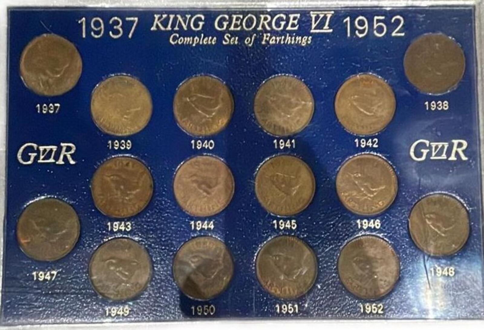 King George VI Complete Set of Farthing Coins 1937-1952