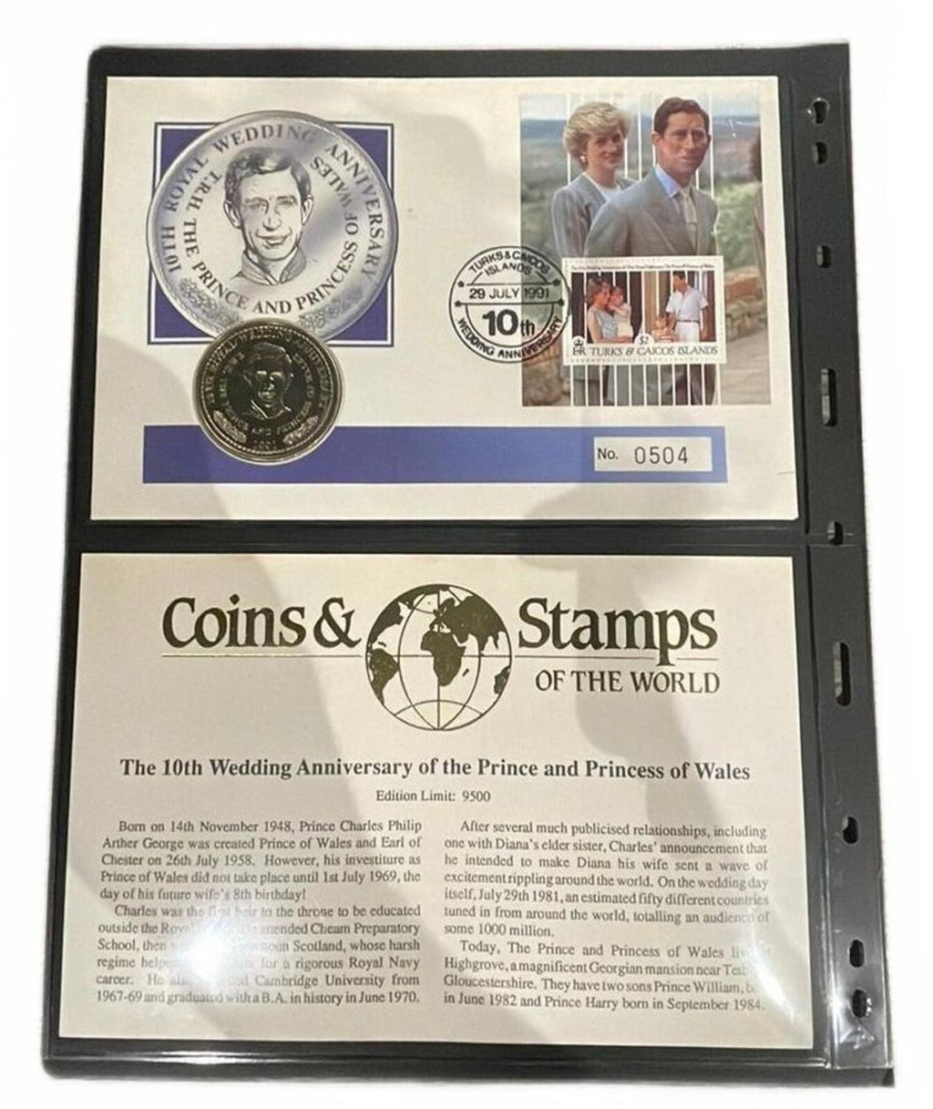 10th Wedding Anniversary Prince and Princess of Wales Coin Stamp Set