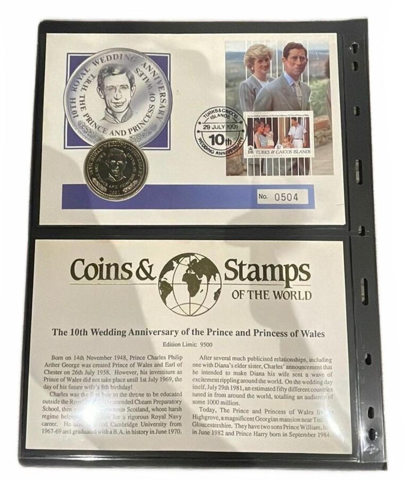 10th Wedding Anniversary Prince and Princess of Wales Coin Stamp Set