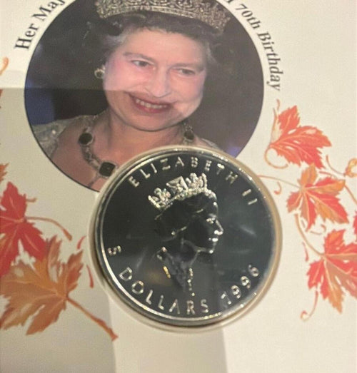 Commemorative 1996 Royal Canadian Silver Maple 5 Dollar Coin Cover ft. QE II